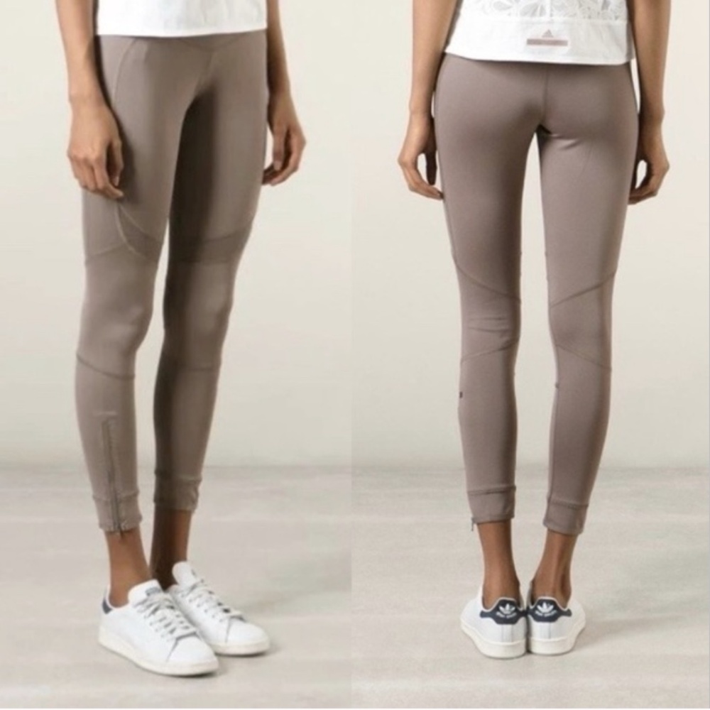 Stella McCartney Adidas Brown Taupe Mesh Panel Logo Waistband Zipper Leggings S